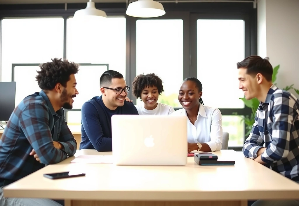Happy employees collaborating in a modern office, showing teamwork and positive environment.