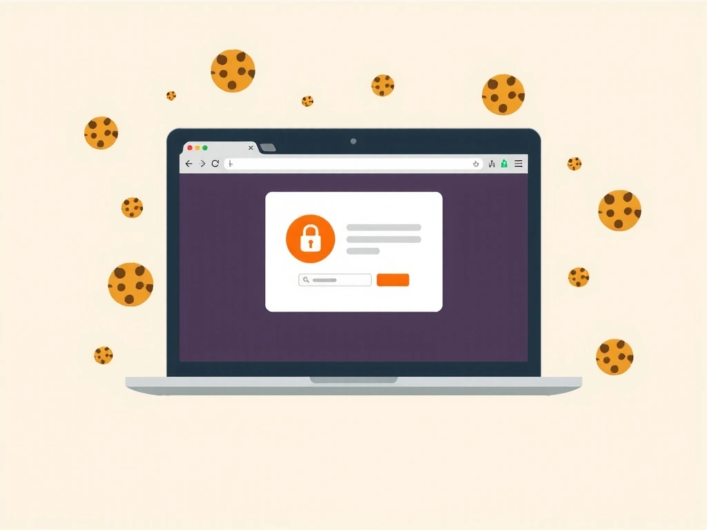 Ilustrație cu un browser web și iconițe de cookie-uri