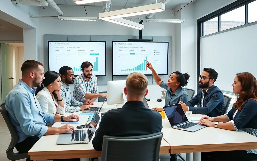 Echipa Promomode lucrând împreună la o strategie digitală, cu grafice și laptopuri