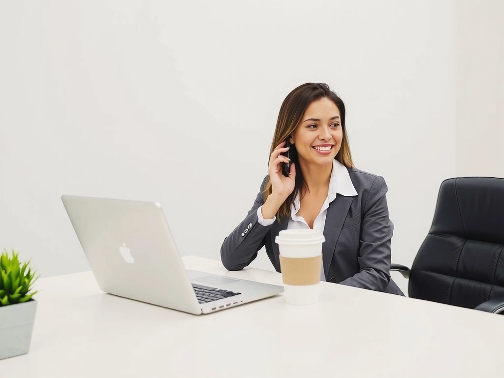 Femeie de afaceri zâmbitoare care vorbește la telefon într-un birou modern, simbolizând comunicarea eficientă